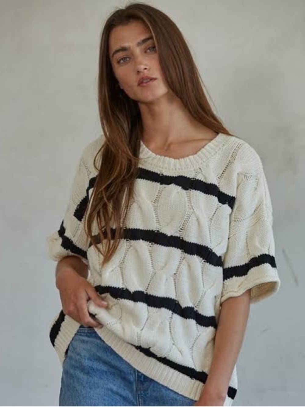 By Together Cream & Black Striped Cable Textured Short Sleeve Sweater